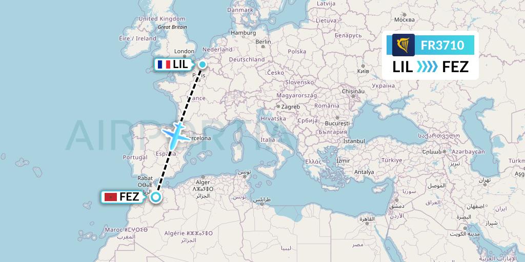 FR3710 Ryanair Flight Map: Lille to Fes