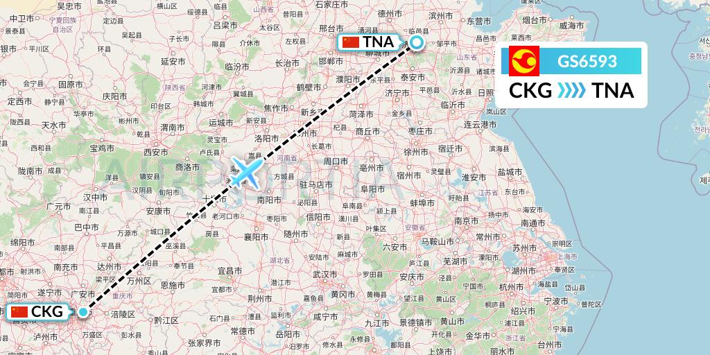 GS6593 Tianjin Airlines Flight Map: Chongqing to Jinan