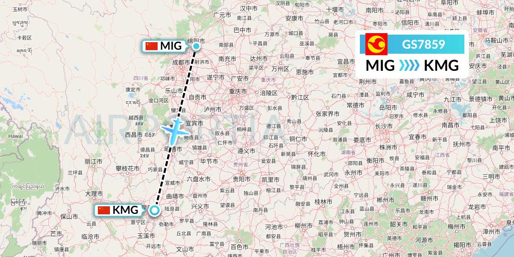 GS7859 Tianjin Airlines Flight Map: Mianyang to Kunming