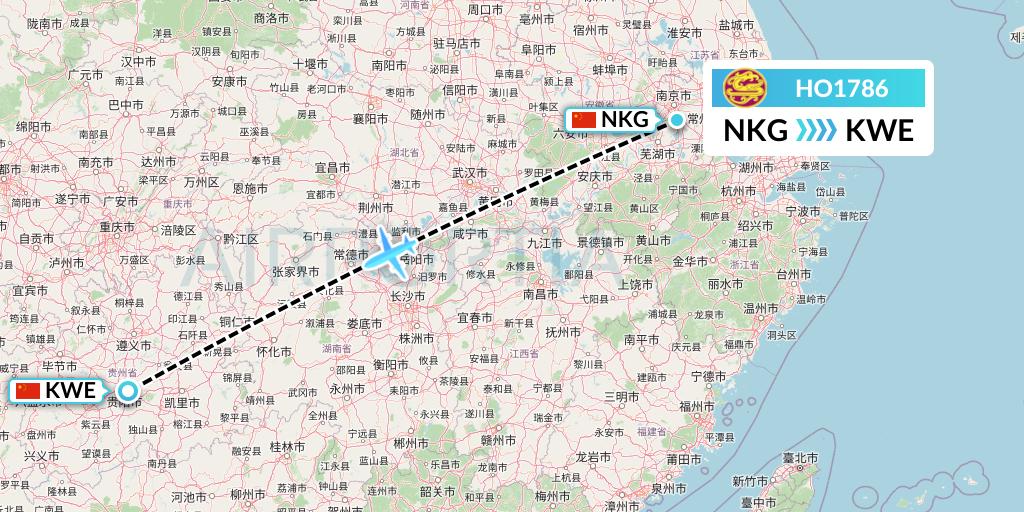 HO1786 Juneyao Airlines Flight Map: Nanjing to Guiyang