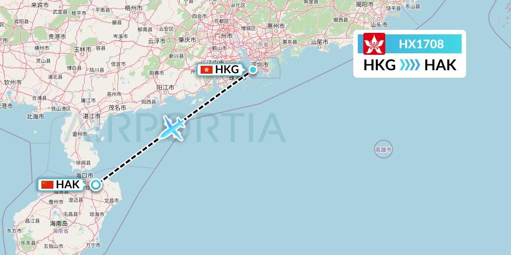 HX1708 Hong Kong Airlines Flight Map: Hong Kong to Haikou