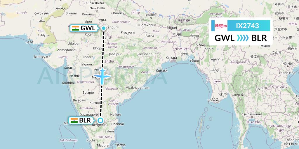 IX2743 Air India Express Flight Map: Gwalior to Bangalore