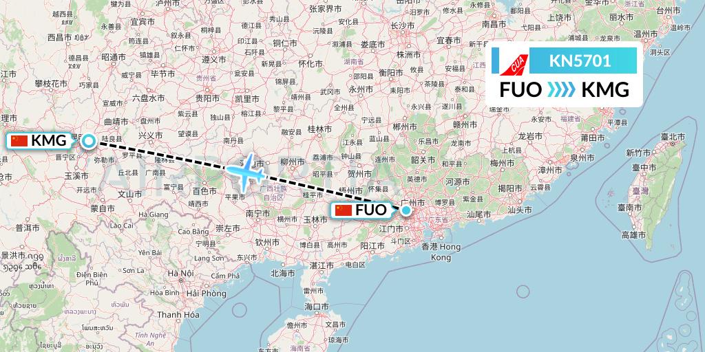 KN5701 China United Airlines Flight Map: Foshan to Kunming