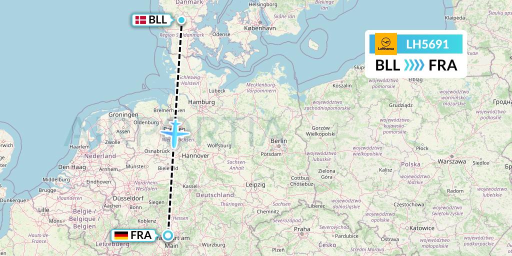 LH5691 Lufthansa Flight Map: Billund to Frankfurt