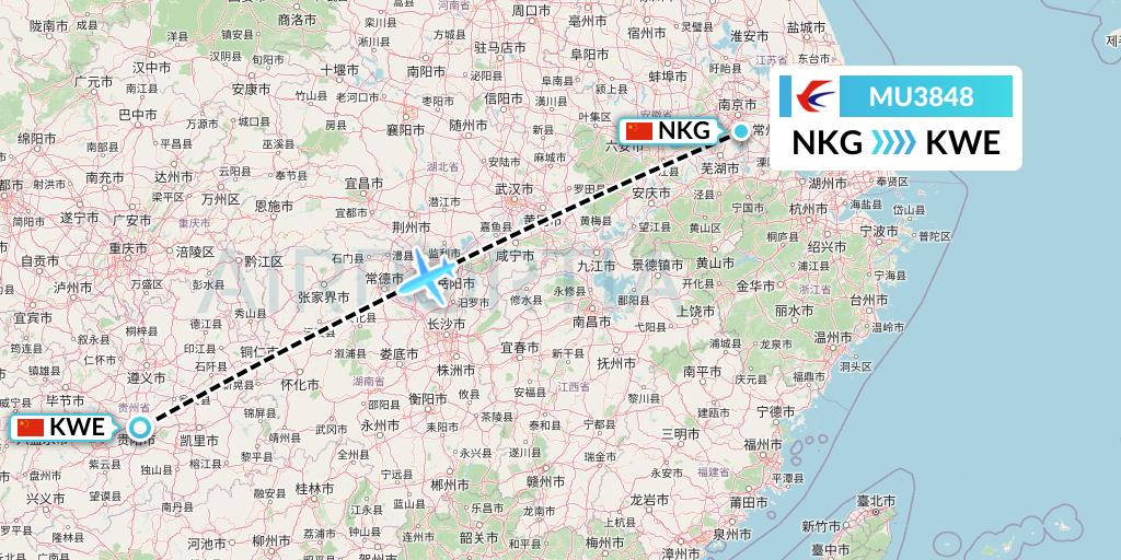 MU3848 China Eastern Airlines Flight Map: Nanjing to Guiyang