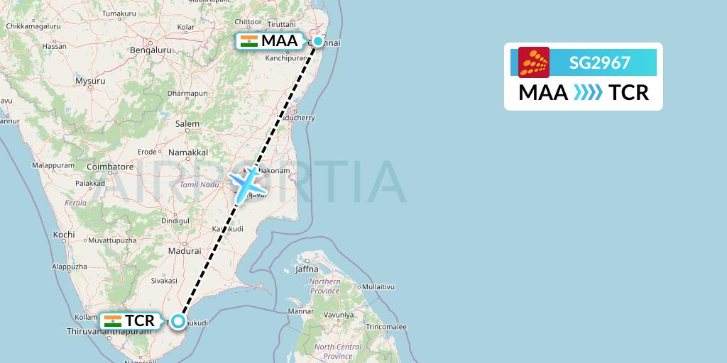 SG2967 SpiceJet Flight Map: Chennai to Tuticorin