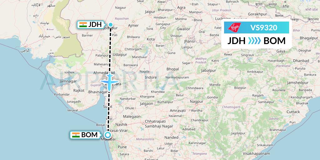 VS9320 Virgin Atlantic Airways Flight Map: Jodhpur to Mumbai