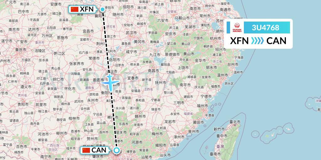 3U4768 Sichuan Airlines Flight Map: Xiangyang to Guangzhou