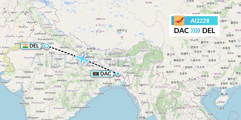 AI2228 Air India Flight Map: Dhaka to Delhi
