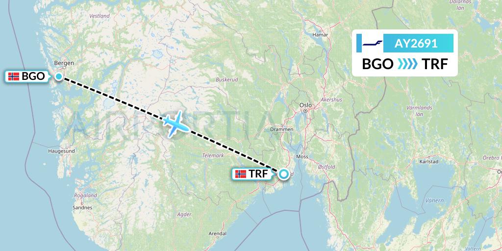 AY2691 Finnair Flight Map: Bergen to Oslo