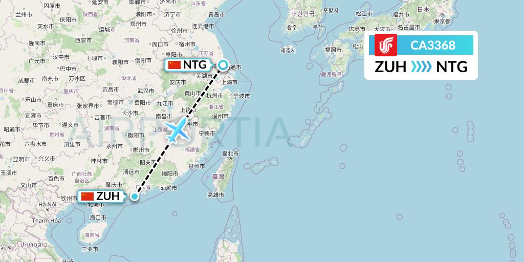 CA3368 Air China Flight Map: Zhuhai to Nantong