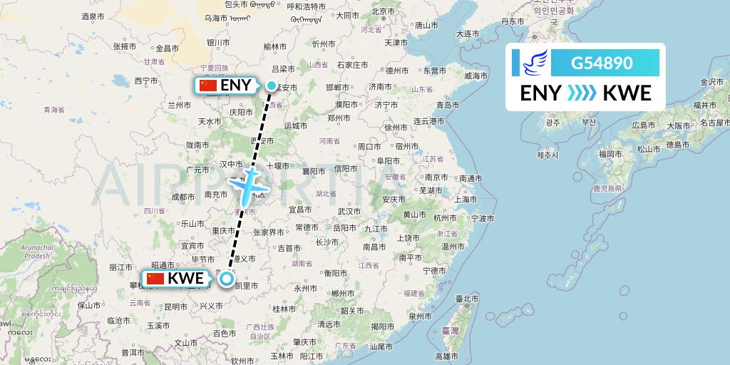 G54890 China Express Airlines Flight Map: Yan'an to Guiyang