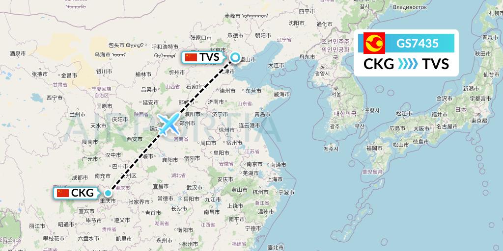 GS7435 Tianjin Airlines Flight Map: Chongqing to Tangshan