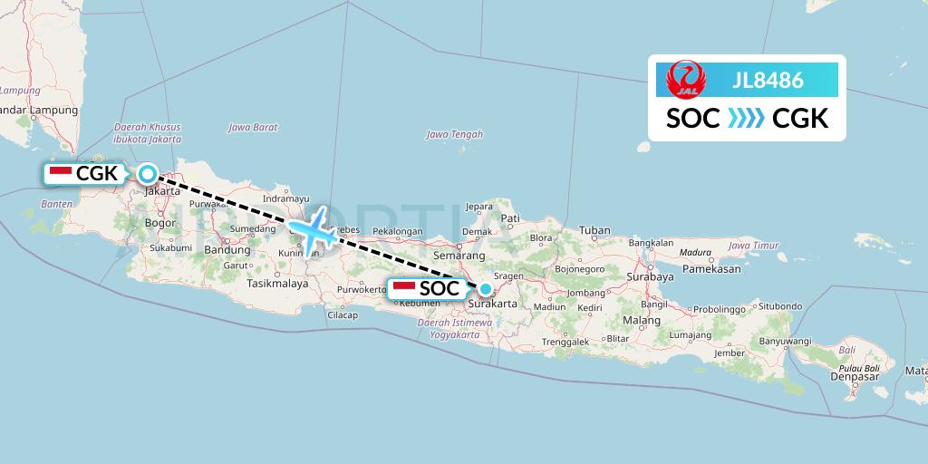 JL8486 Japan Airlines Flight Map: Surakarta to Jakarta