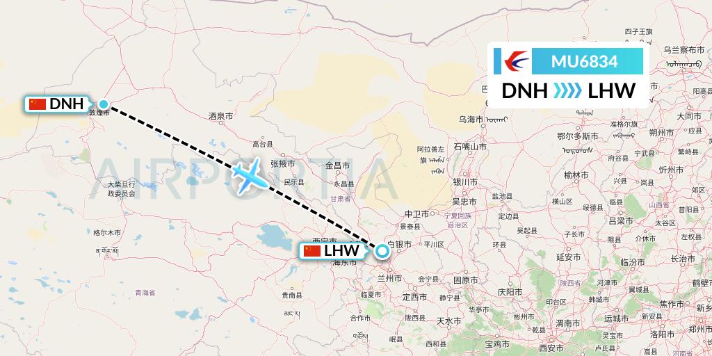 MU6834 China Eastern Airlines Flight Map: Dunhuang to Lanzhou