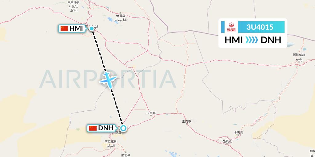 3U4015 Sichuan Airlines Flight Map: Hami City to Dunhuang
