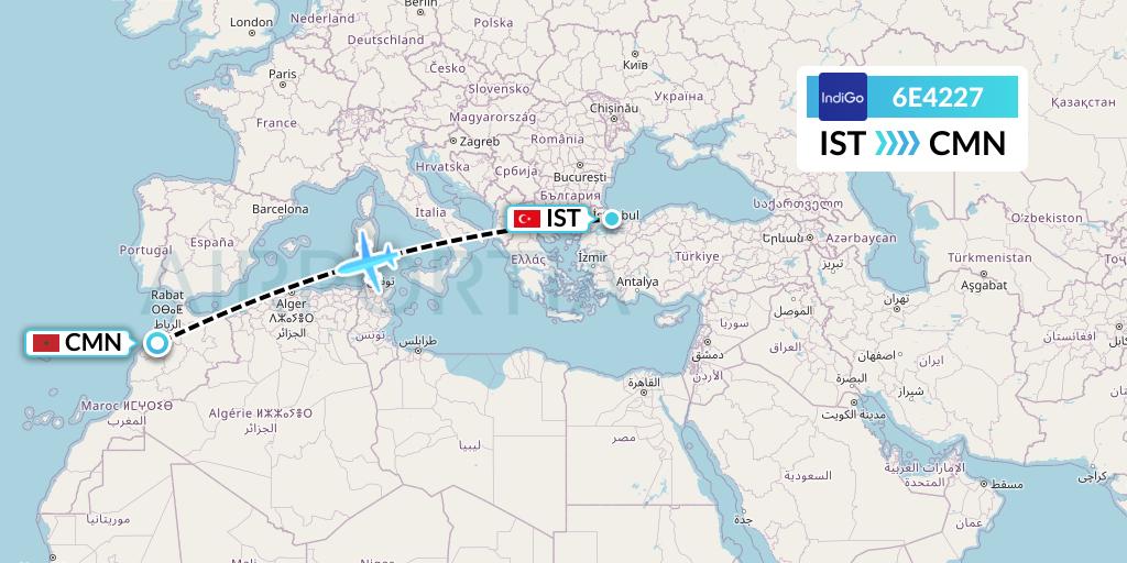 6E4227 IndiGo Airlines Flight Map: Istanbul to Casablanca