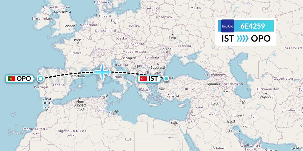 6E4259 IndiGo Airlines Flight Map: Istanbul to Porto