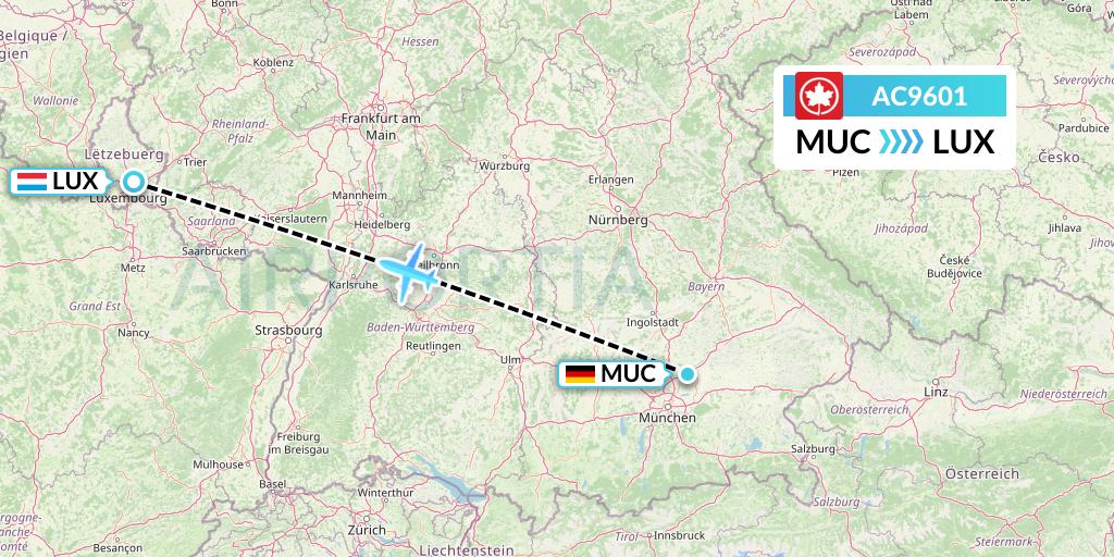 AC9601 Air Canada Flight Map: Munich to Luxembourg
