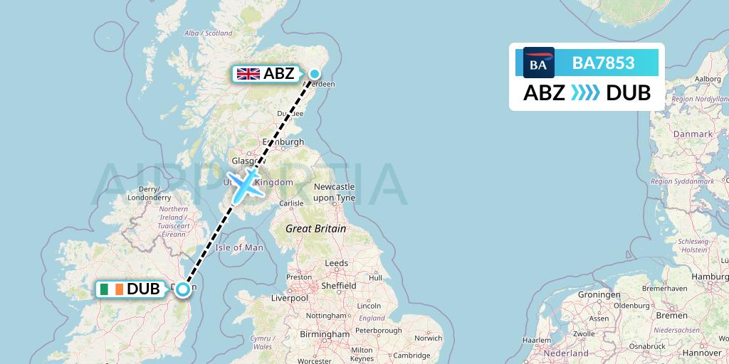 BA7853 British Airways Flight Map: Aberdeen to Dublin