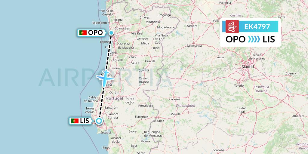 EK4797 Emirates Flight Map: Porto to Lisbon