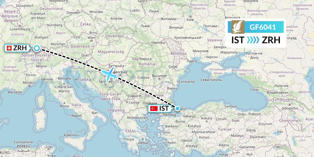 GF6041 Gulf Air Flight Map: Istanbul to Zurich