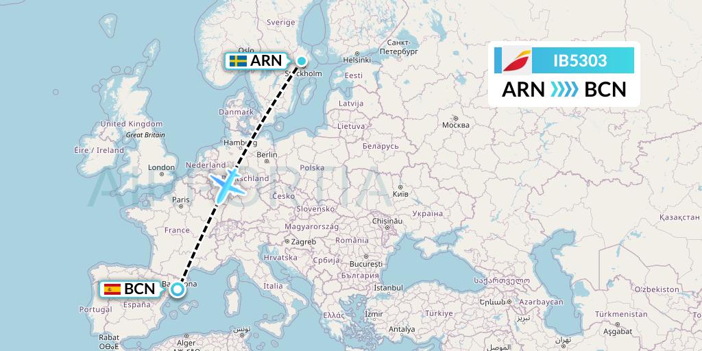 IB5303 Iberia Flight Map: Stockholm to Barcelona