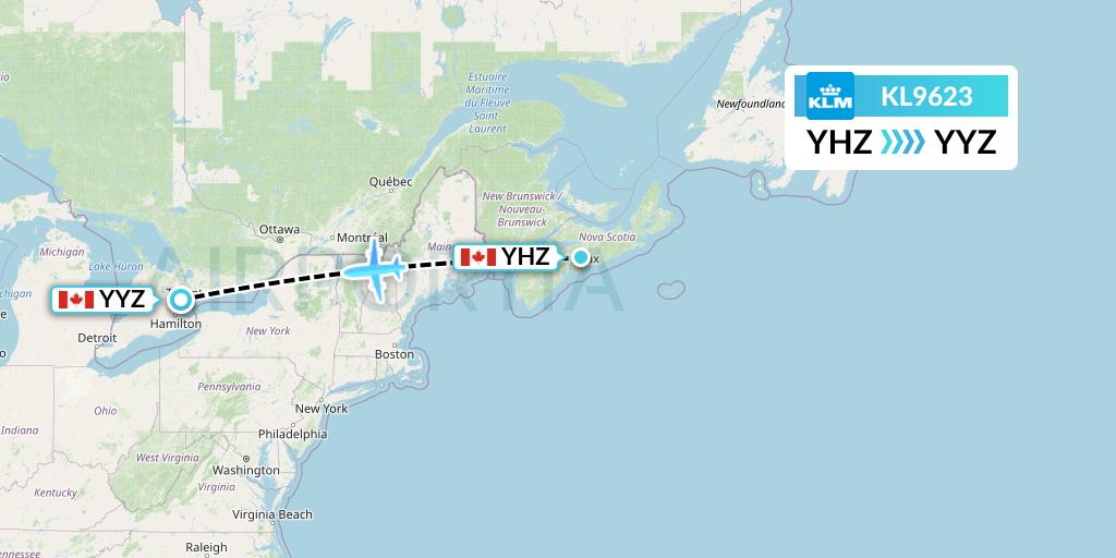 KL9623 KLM Flight Map: Halifax to Toronto
