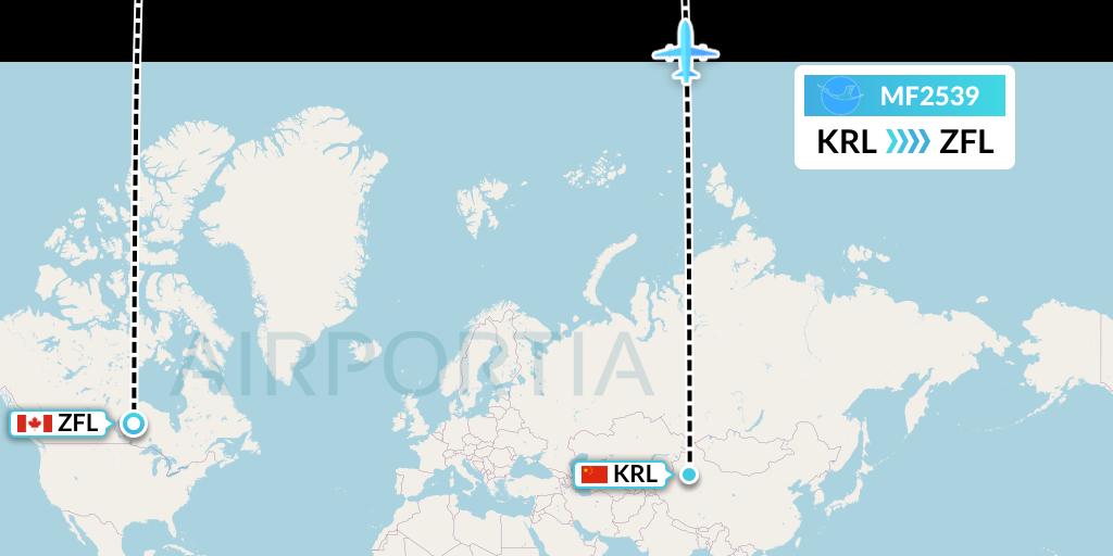 MF2539 Xiamen Airlines Flight Map: Korla to South Trout Lake