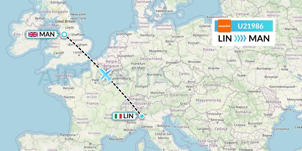 U21986 EasyJet Flight Map: Milan to Manchester