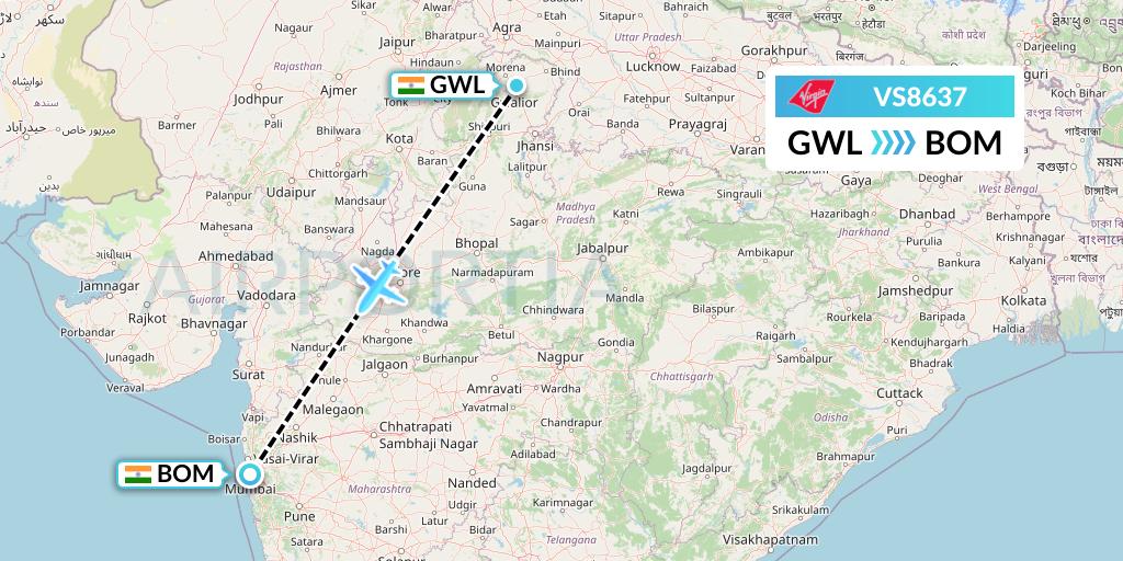 VS8637 Virgin Atlantic Airways Flight Map: Gwalior to Mumbai