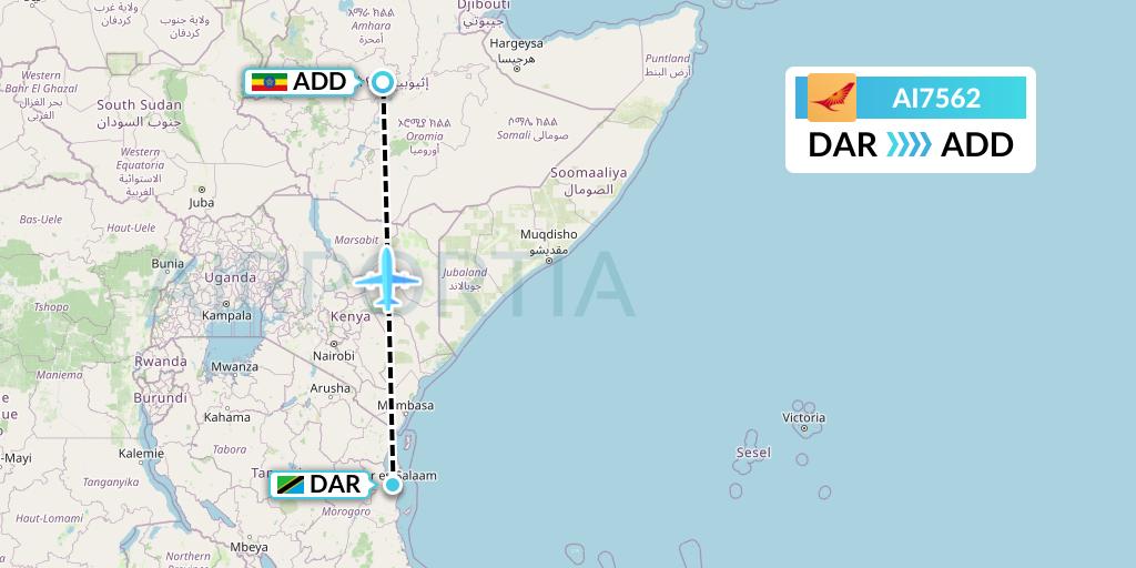 AI7562 Air India Flight Map: Dar-es-Salaam to Addis Ababa