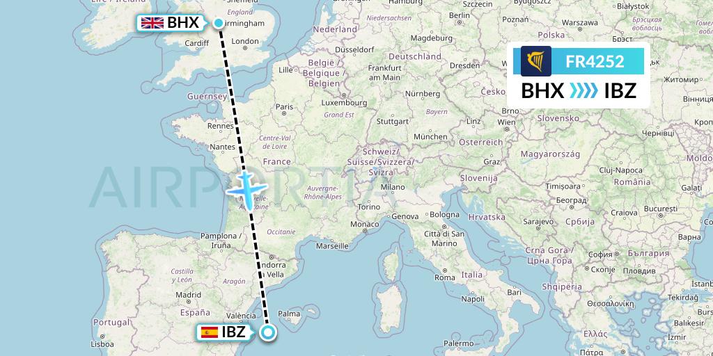 FR4252 Ryanair Flight Map: Birmingham to Ibiza