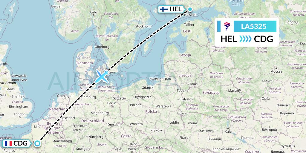LA5325 LAN Airlines Flight Map: Helsinki to Paris