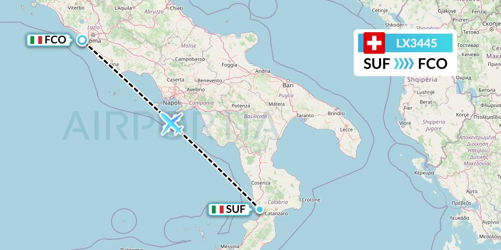 LX3445 Swiss Flight Map: Lamezia Terme to Rome