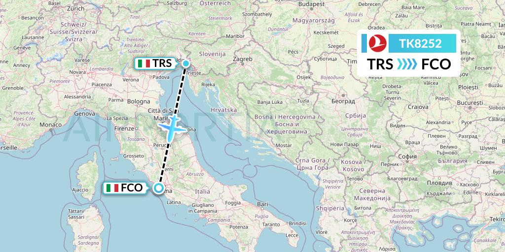 TK8252 Turkish Airlines Flight Map: Trieste to Rome