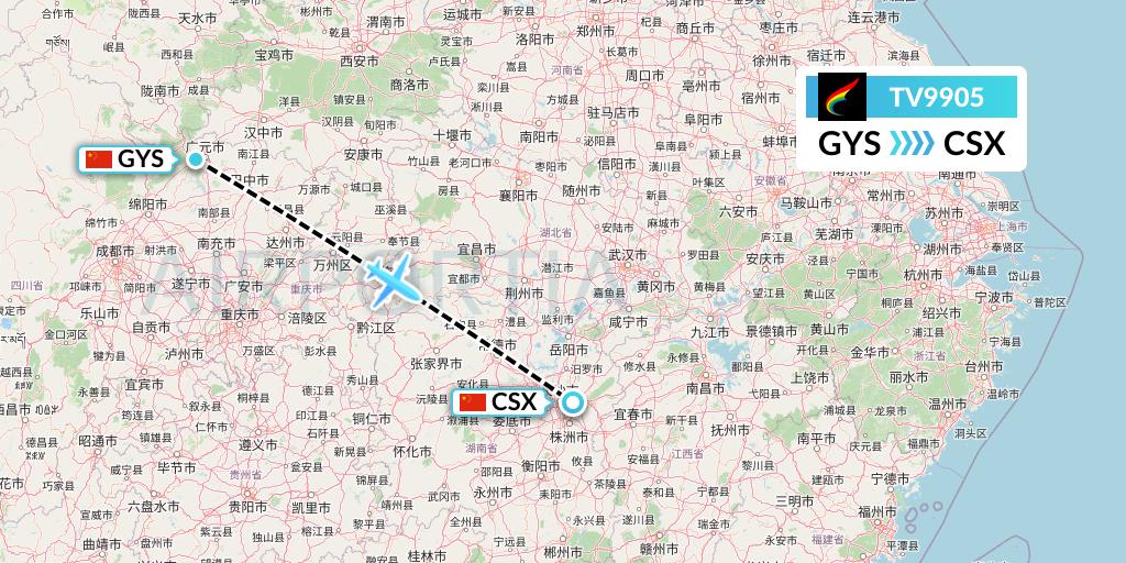 TV9905 Tibet Airlines Flight Map: Guangyuan to Changsha