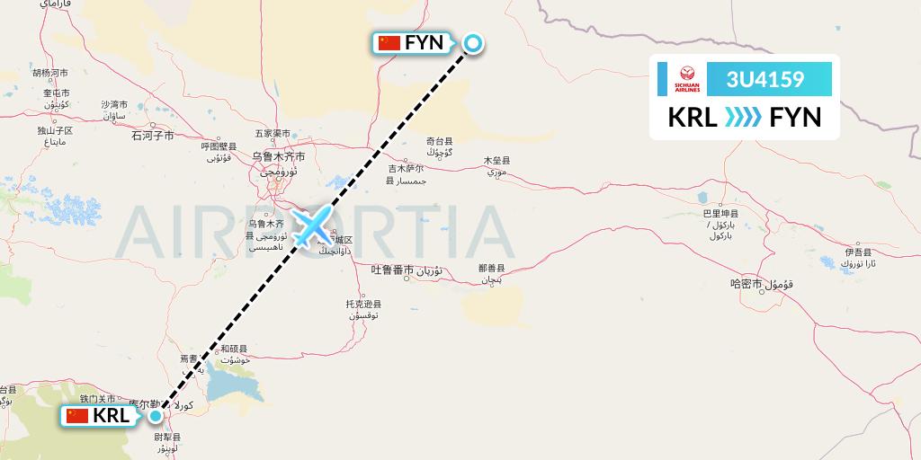 3U4159 Sichuan Airlines Flight Map: Korla to Fuyun