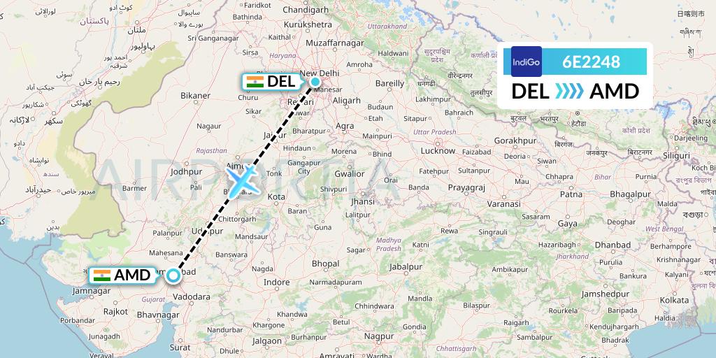 6E2248 IndiGo Airlines Flight Map: Delhi to Ahmedabad