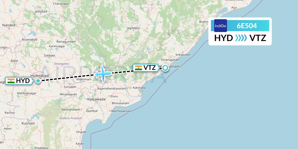 6E504 IndiGo Airlines Flight Map: Hyderabad to Visakhapatnam
