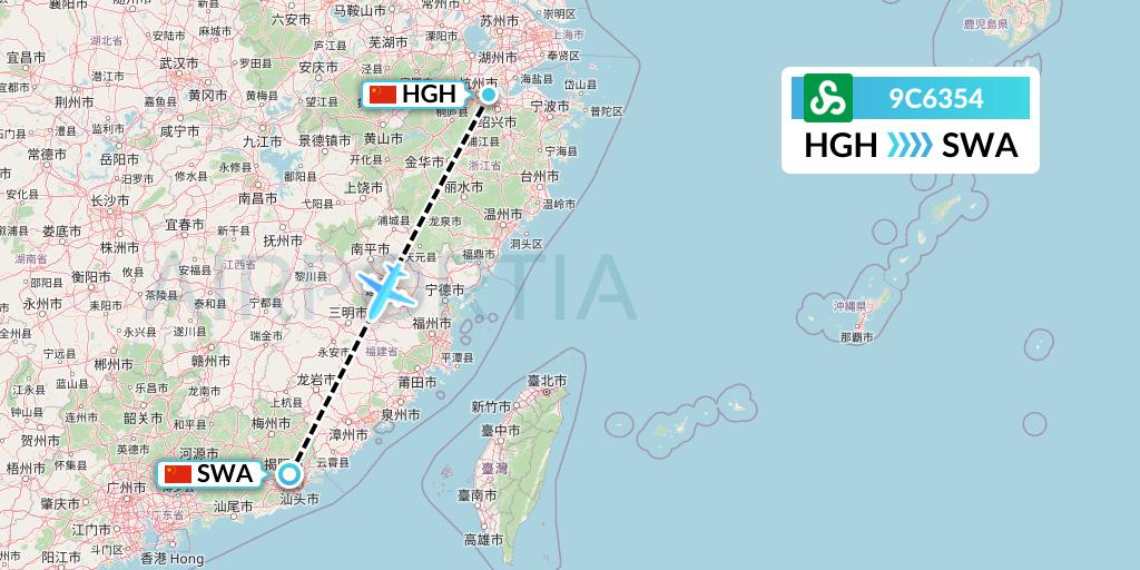 9C6354 Spring Airlines Flight Map: Hangzhou to Jieyang