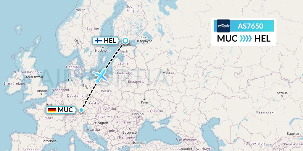 AS7650 Alaska Airlines Flight Map: Munich to Helsinki