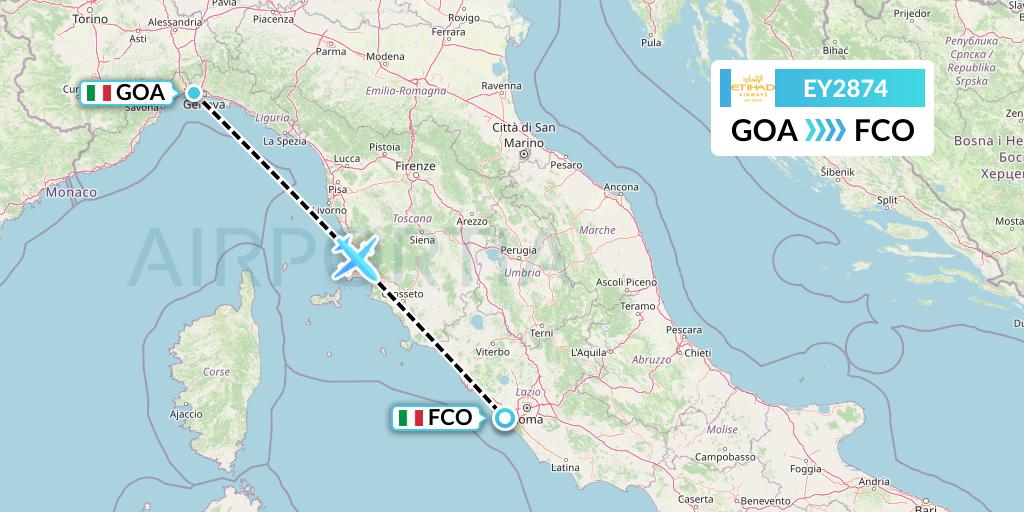 EY2874 Etihad Airways Flight Map: Genoa to Rome