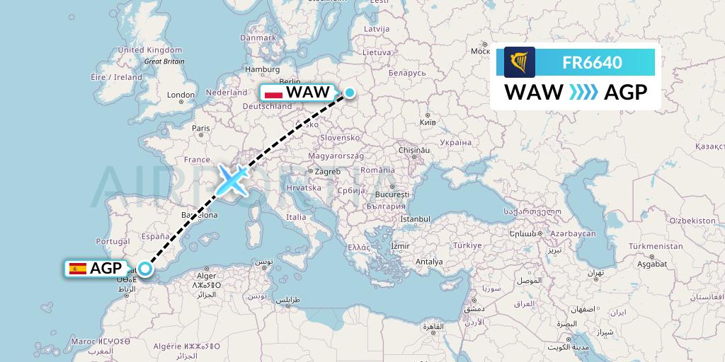 FR6640 Ryanair Flight Map: Warsaw to Malaga