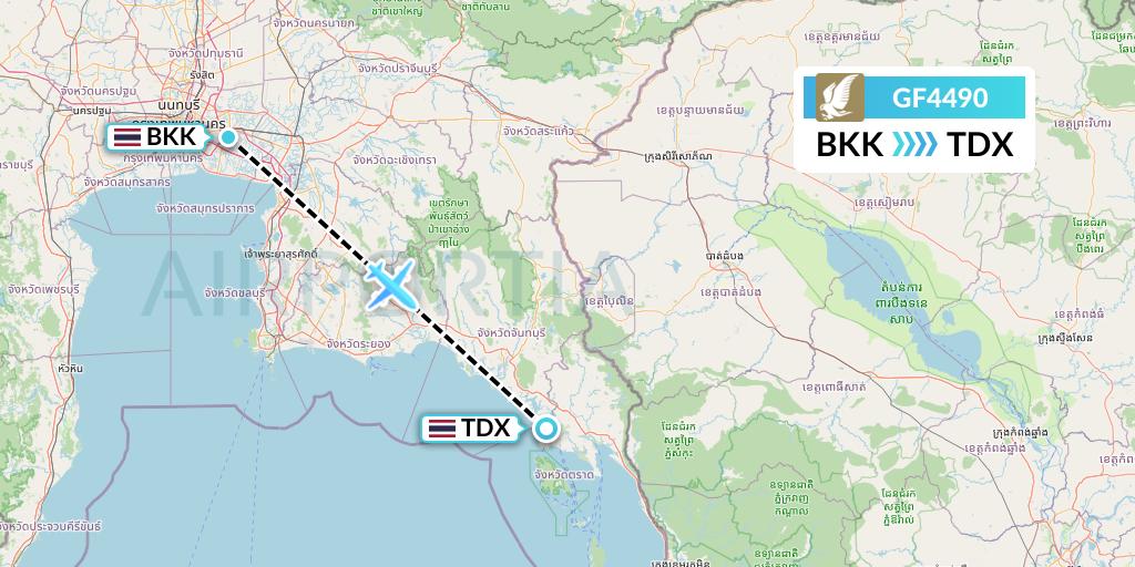 GF4490 Gulf Air Flight Map: Bangkok to Trat