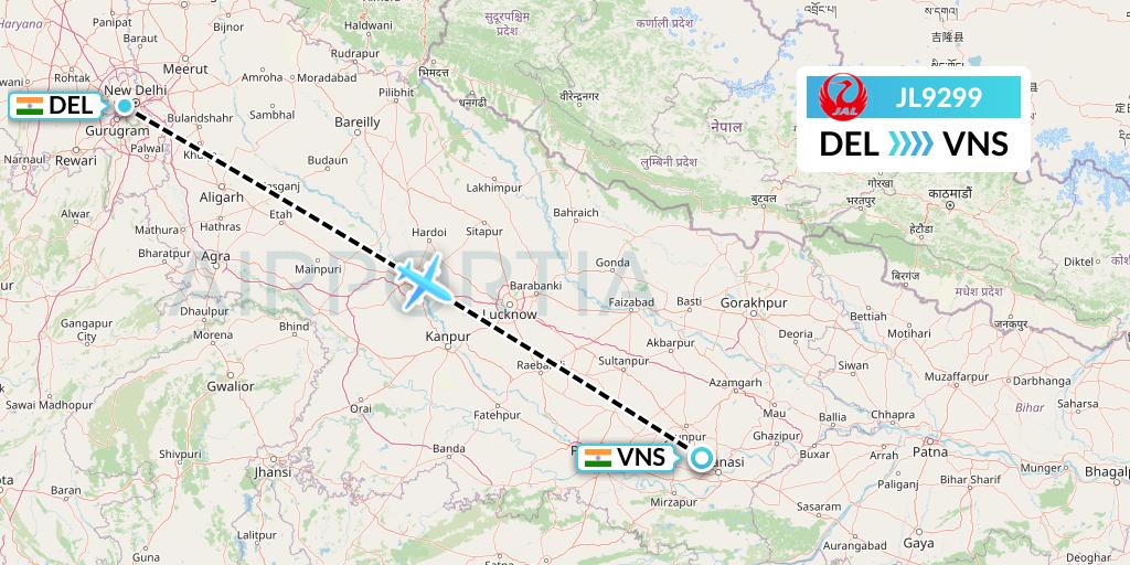 JL9299 Japan Airlines Flight Map: Delhi to Varanasi
