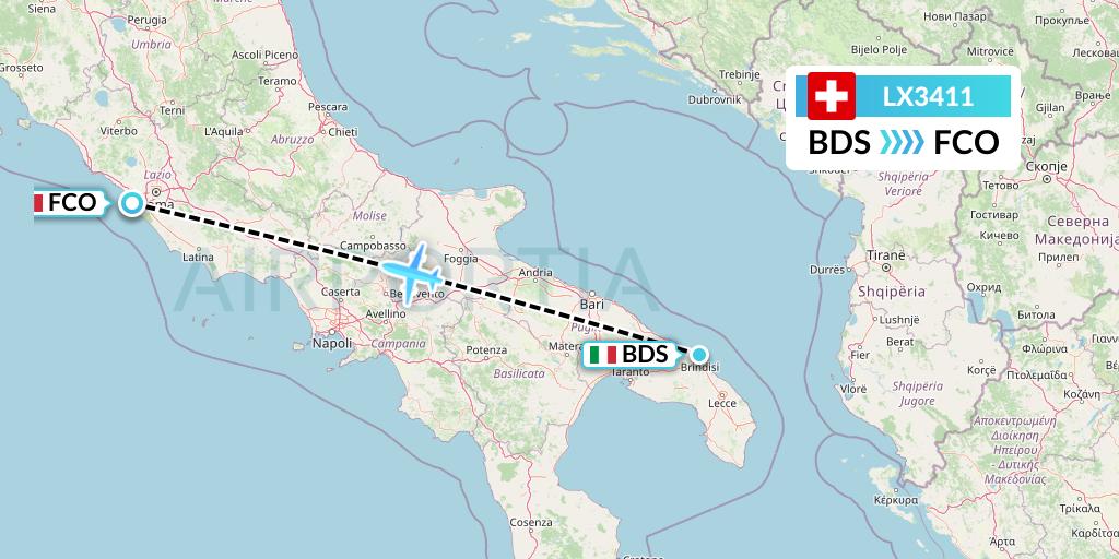 LX3411 Swiss Flight Map: Brindisi to Rome