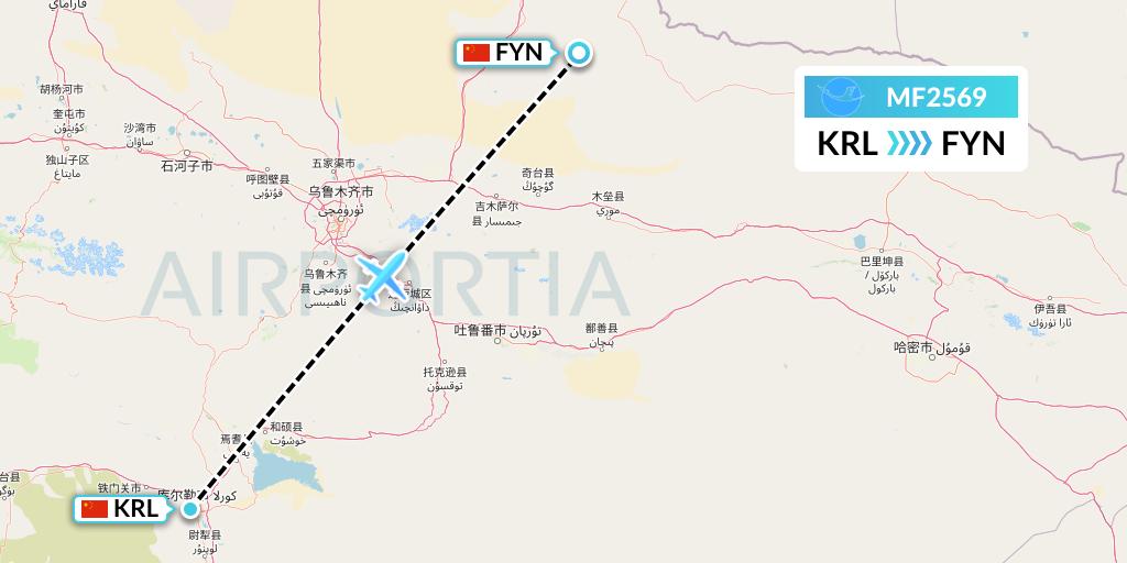 MF2569 Xiamen Airlines Flight Map: Korla to Fuyun