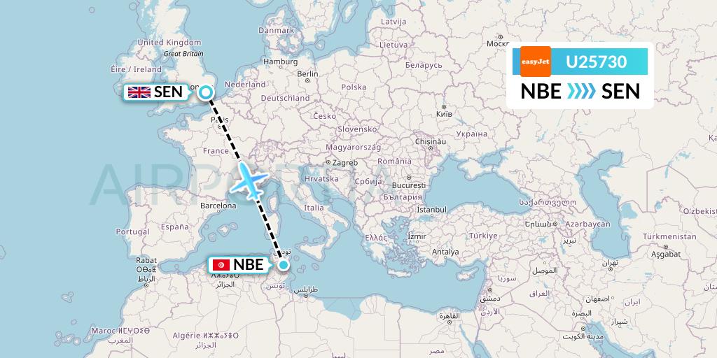 U25730 EasyJet Flight Map: Enfidha to Southend