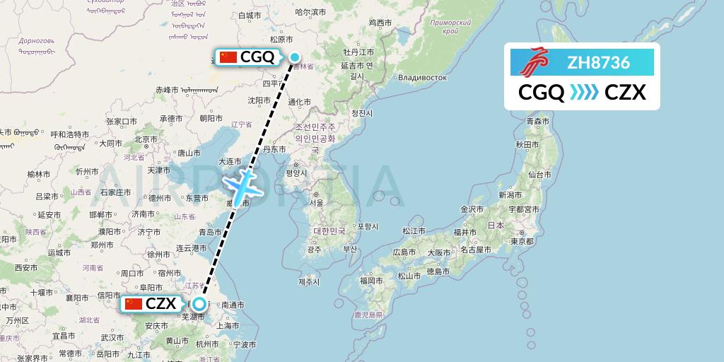 ZH8736 Shenzhen Airlines Flight Map: Changchun to Changzhou